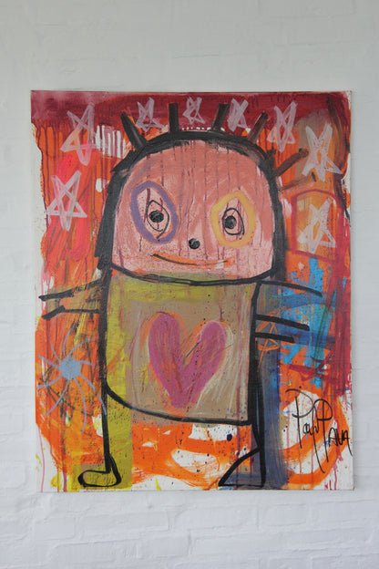 Smiley Person Original Painting, Red/Orange