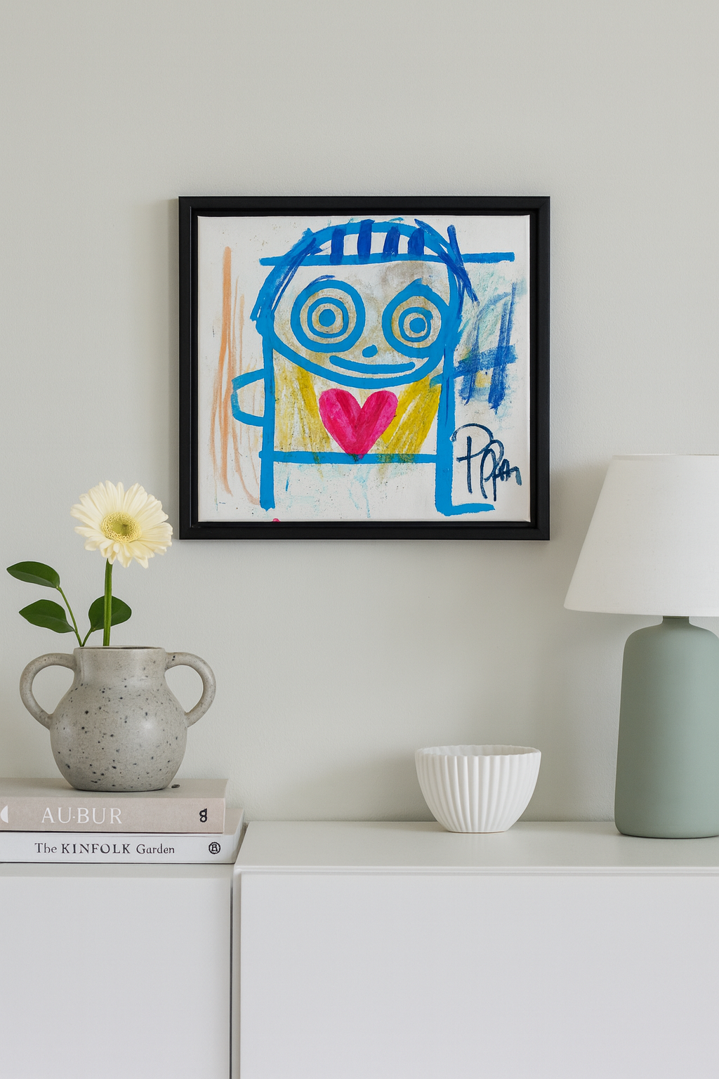 Pink Heart, original maleri, lyseblå