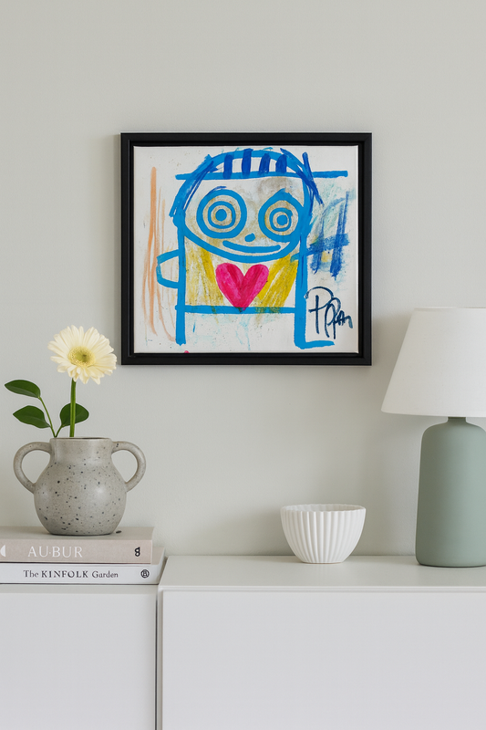 Pink Heart, original maleri, lyseblå