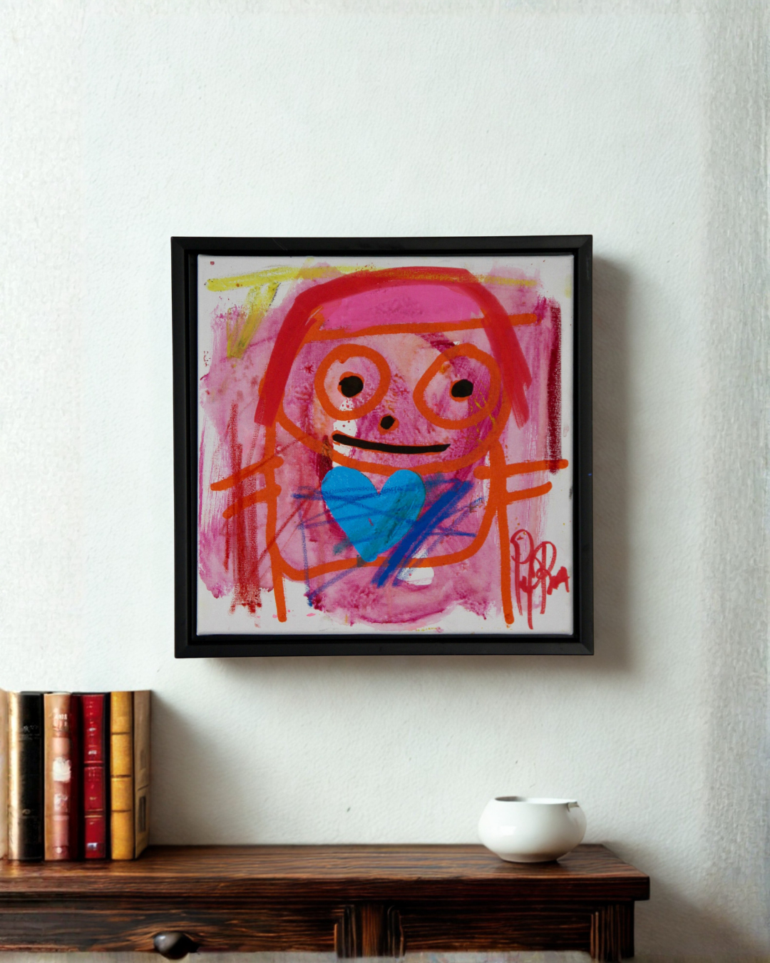 Blue Heart, original maleri, rød/pink