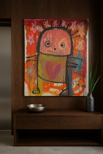 Smiley Person Original Painting, Red/Orange