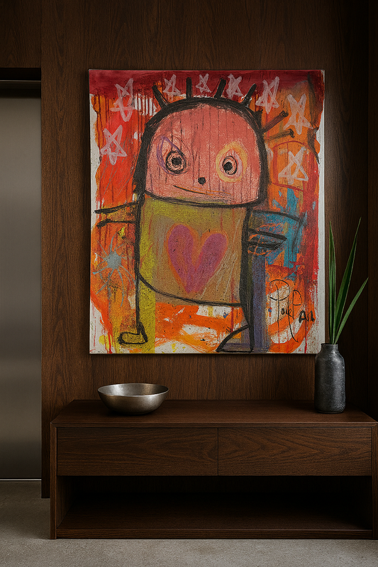 Smiley Person Original Painting, Red/Orange